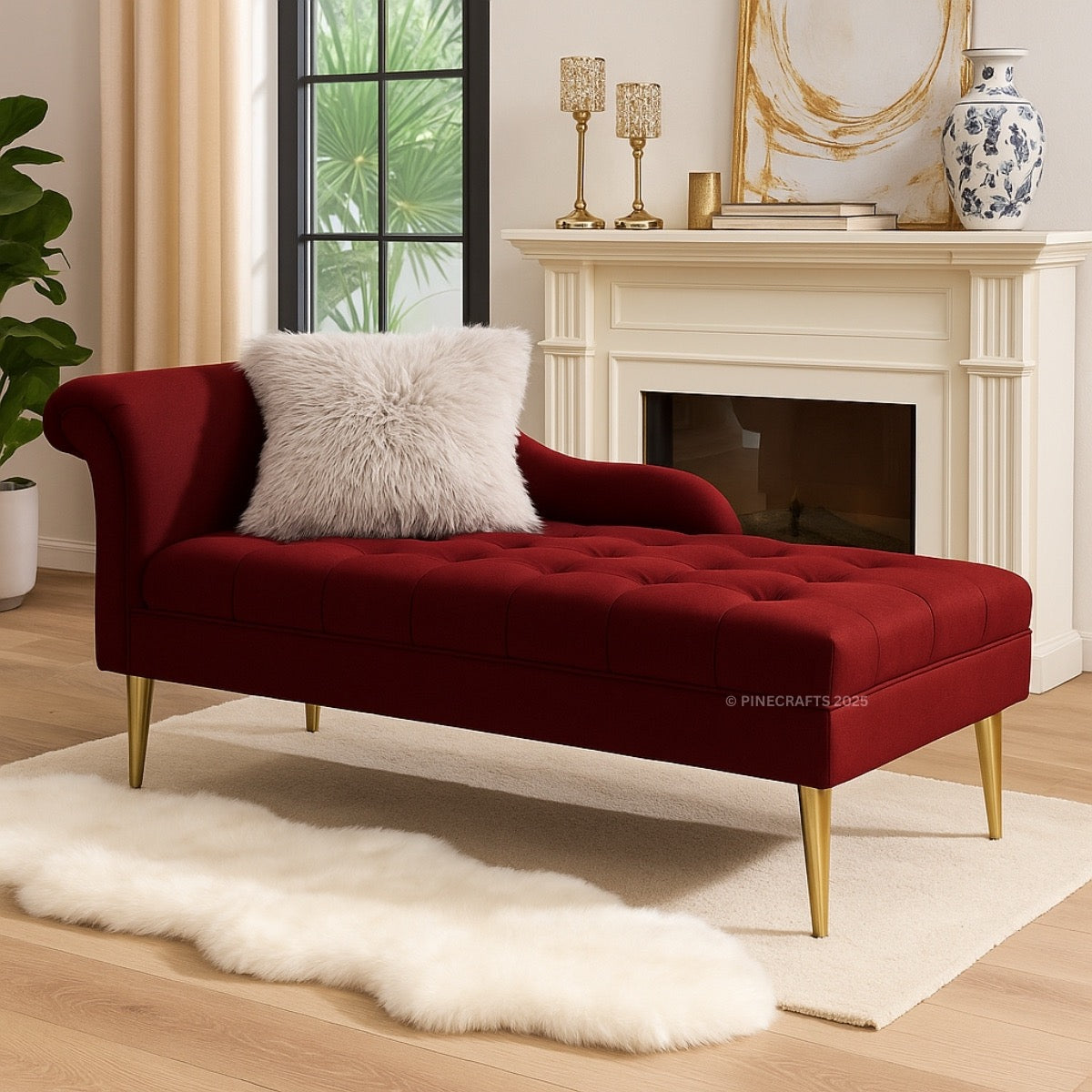 Red tufted bench with a white pillow in a living room setting.